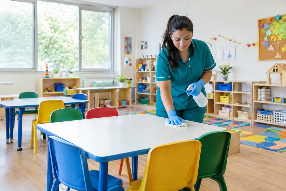 YM cleaner disinfecting a daycare table